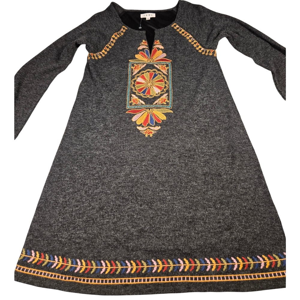 THML Women Charcoal Gray Embroidered Long Sleeve Sweater Dress Boho FTM944 S